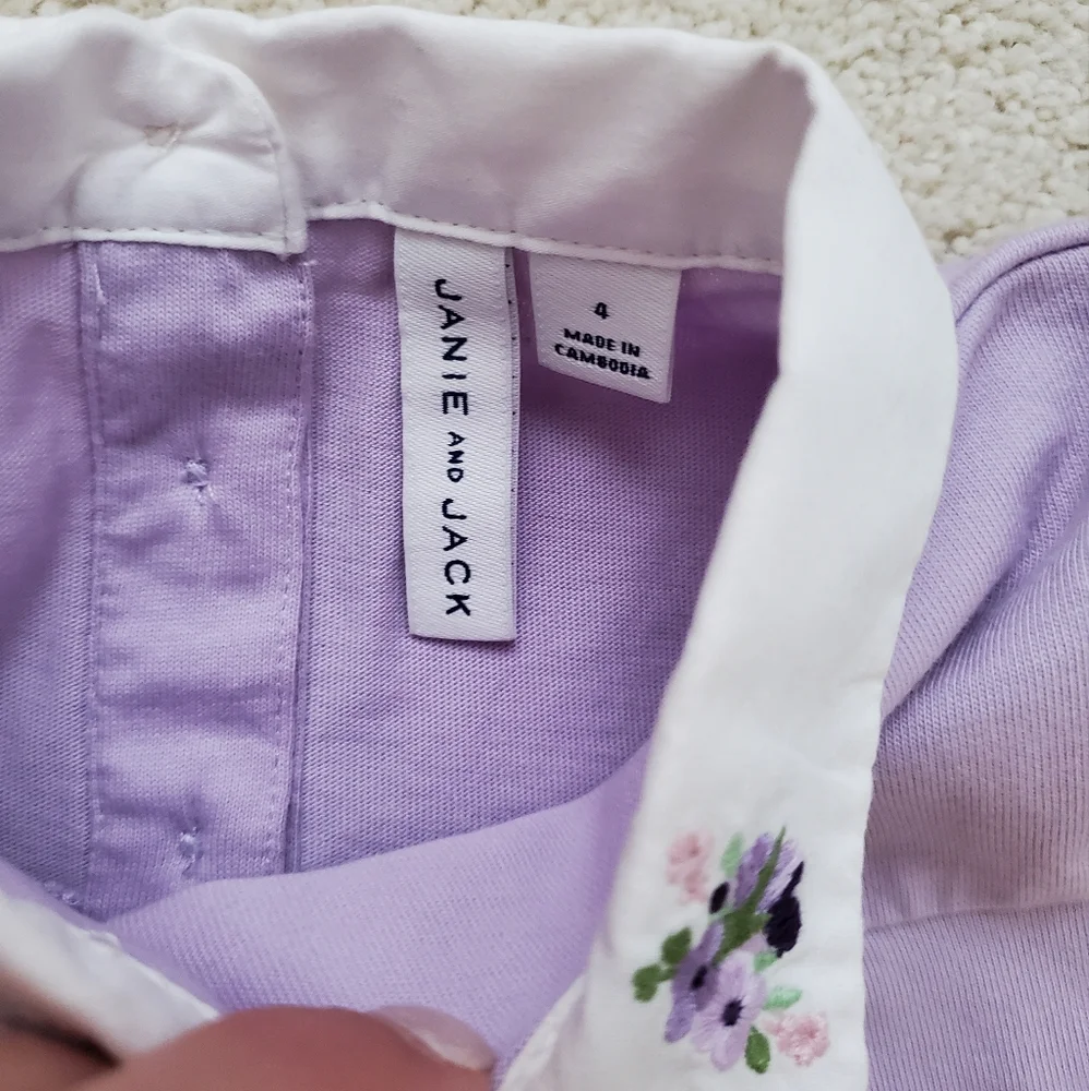 Janie and Jack Girls' Purple Flower Embroidered Collar Long Sleeve Shirt sz4